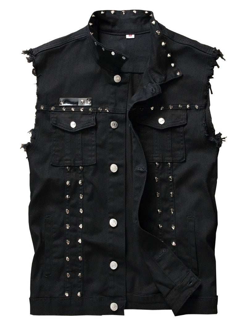 DSDZ Men's Punk Denim Vest Sleeveless Jean Jackets With Rivets (US L, Black) - Image 1